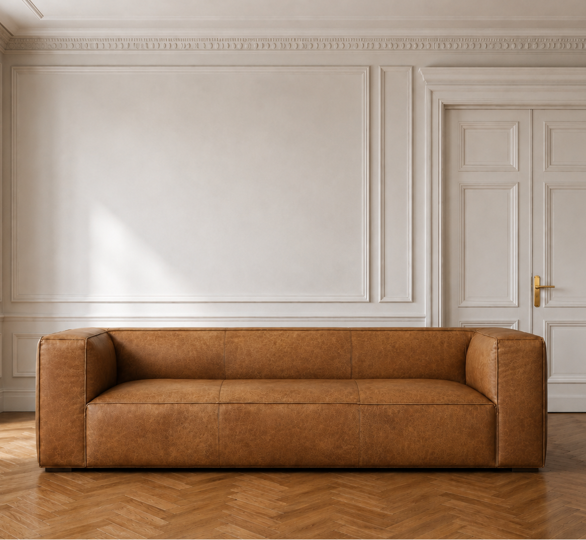 Brown leather sofa in a room with white walls and wooden flooring
