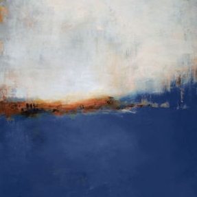 An abstract canvas wall art print featuring a textured composition with a large off-white upper section, a thin warm brown horizon band, and a deep navy blue lower section, displayed against a light gray wall.  