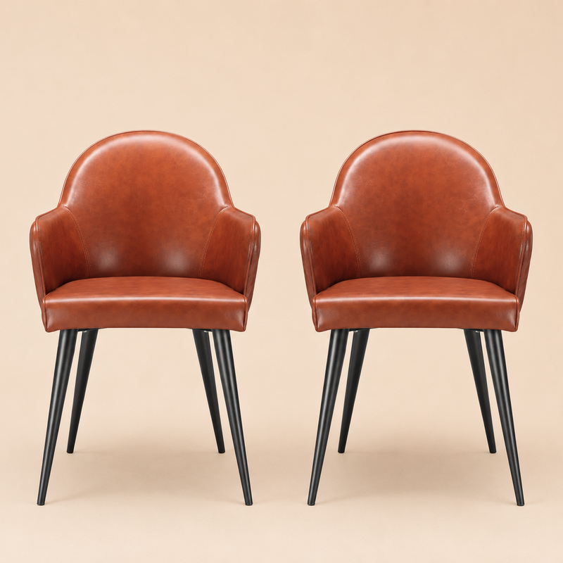 Two brown leather chairs with black legs on a beige background