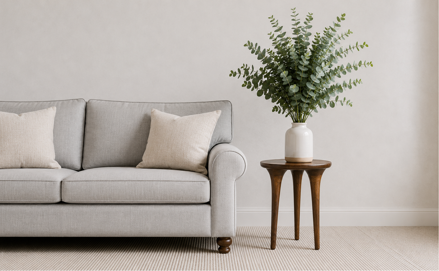 Gray sofa with beige cushions and a wooden side table with a plant in a white vase against a plain wall.