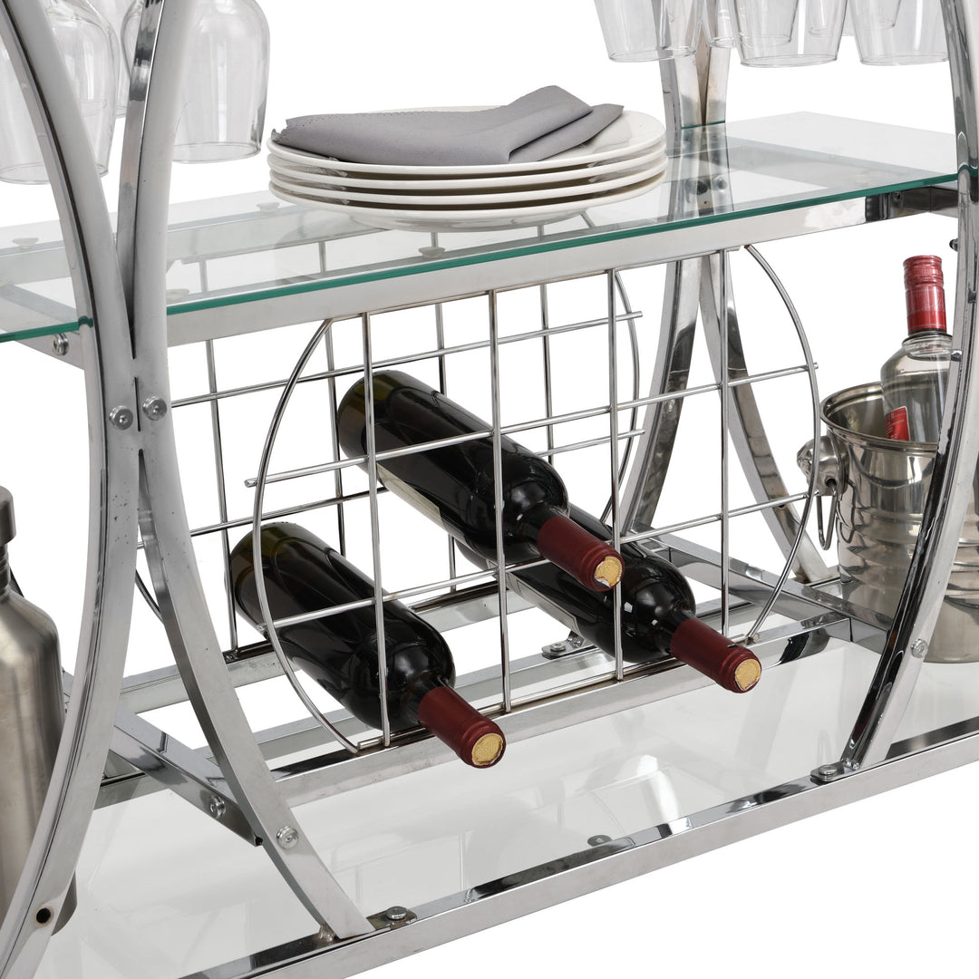 Silver Chrome Contemporary Bar Cart with Wine Rack