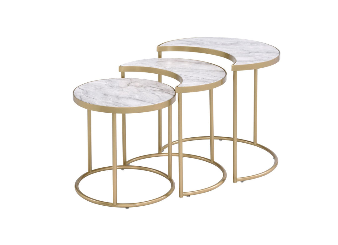 3Pc Pack Nesting Tables, Faux Marble & Gold