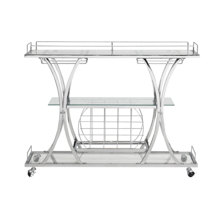 Silver Chrome Contemporary Bar Cart with Wine Rack